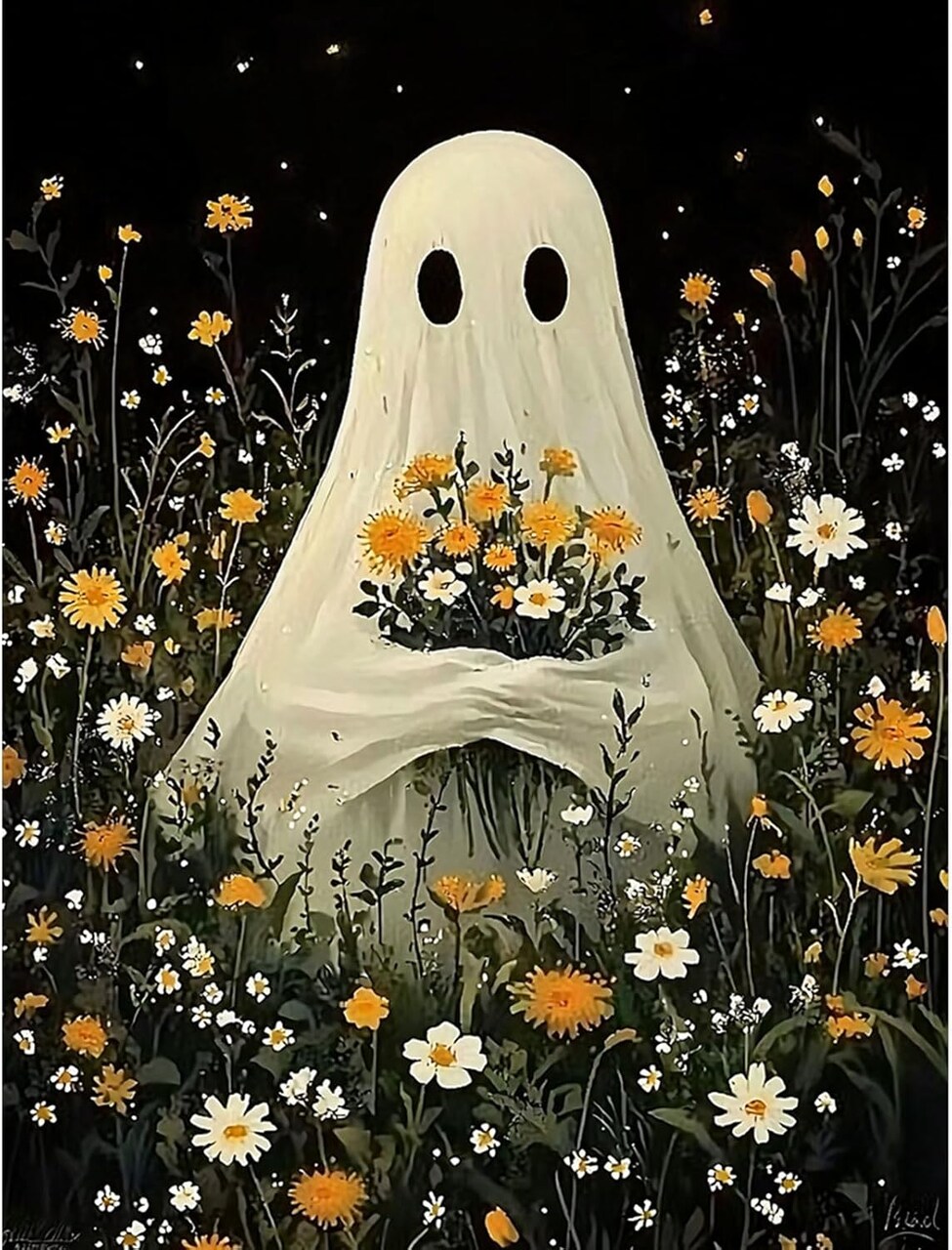 Ghost Diamond Painting Kit for Adults – Halloween Flower 5D DIY Full Drill Diamond Art for Beginners, Craft Kit for Home Wall Decor 12x16 Inch